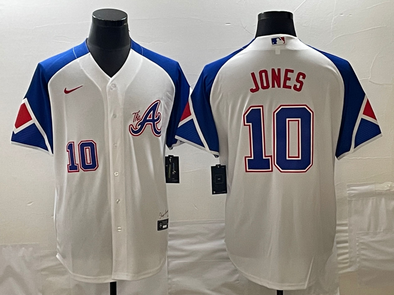 Men's Atlanta Braves #10 Chipper Jones White 2023 City Connect Cool Base With Patch Stitched Baseball Jersey